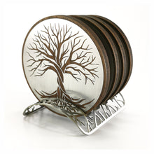 Load image into Gallery viewer, Tree Of Life Coasters - Gift Set Of 4 Stainless and Walnut With Metal Base