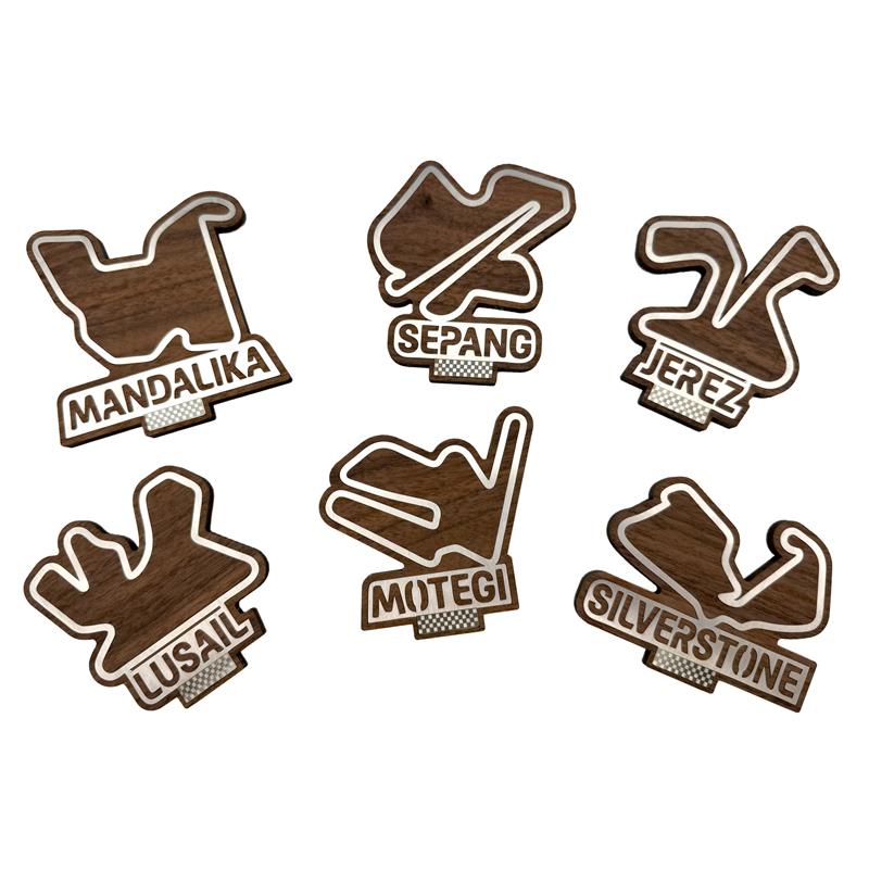 MotoGP Iconic Race Tracks with Stand (Walnut Veneer Coasters with Steel Inlay)