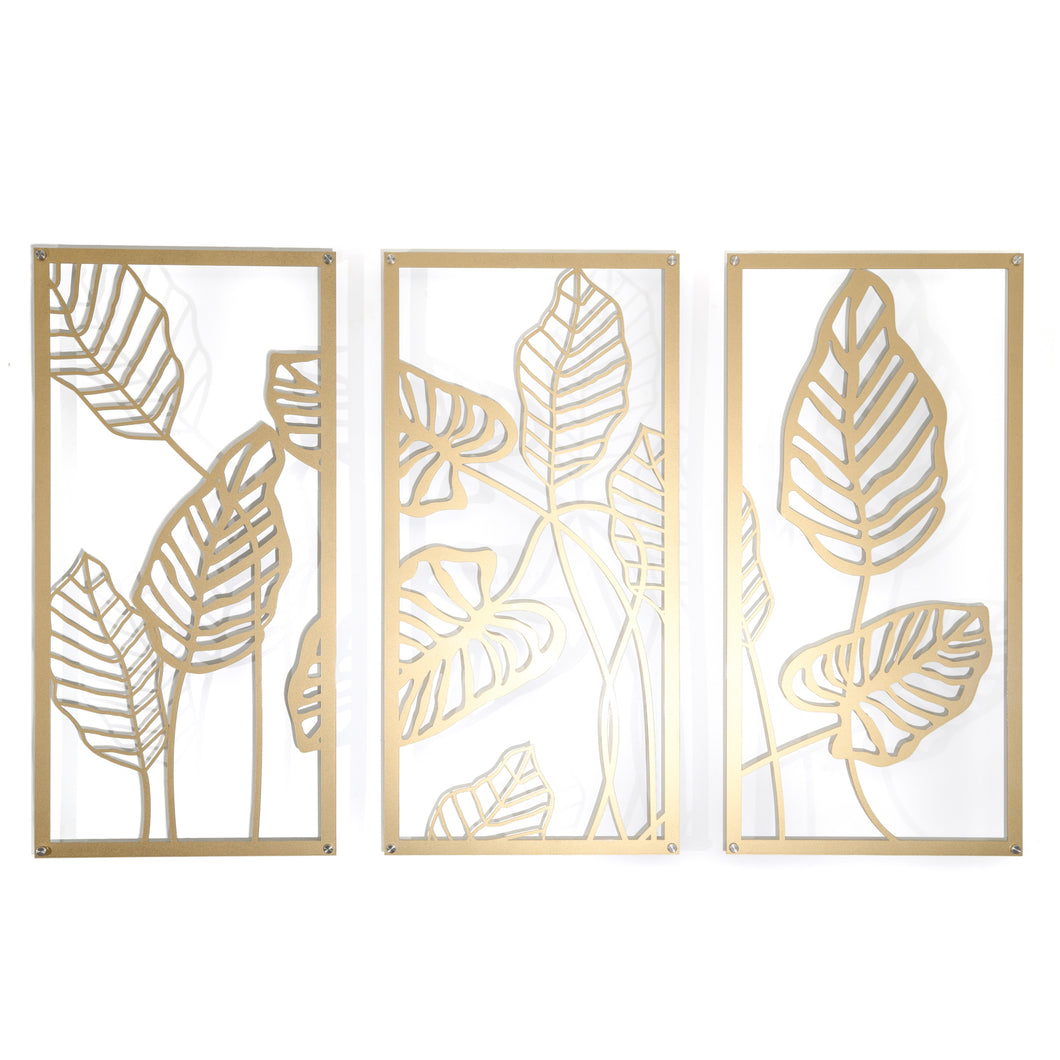 Metallic Gold Tropical Foliage - 3-Panel Raised Metal Wall Art - 124x80cm