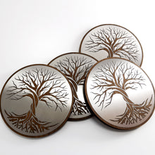 Load image into Gallery viewer, Tree Of Life Coasters - Gift Set Of 4 Stainless and Walnut With Metal Base
